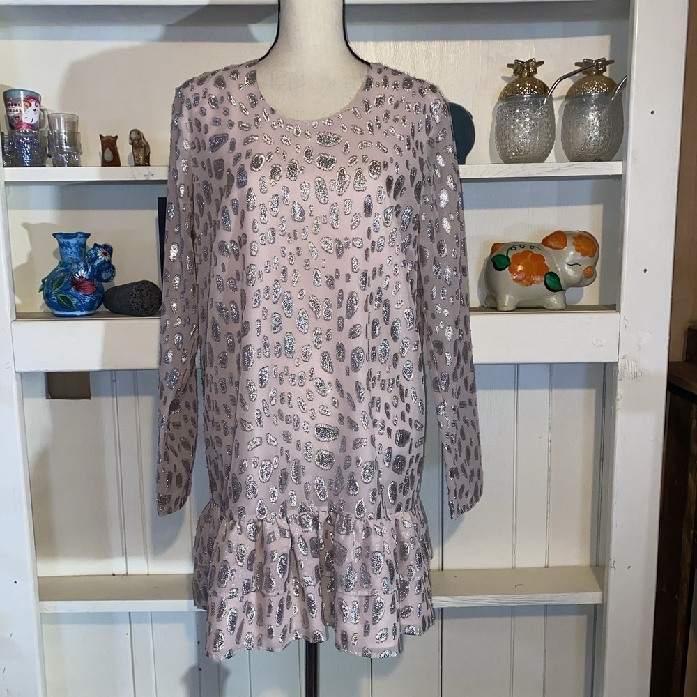 Lovers + Friends Medium Women Pink Silver Spots Ruffle Hem‎ Dress NEW